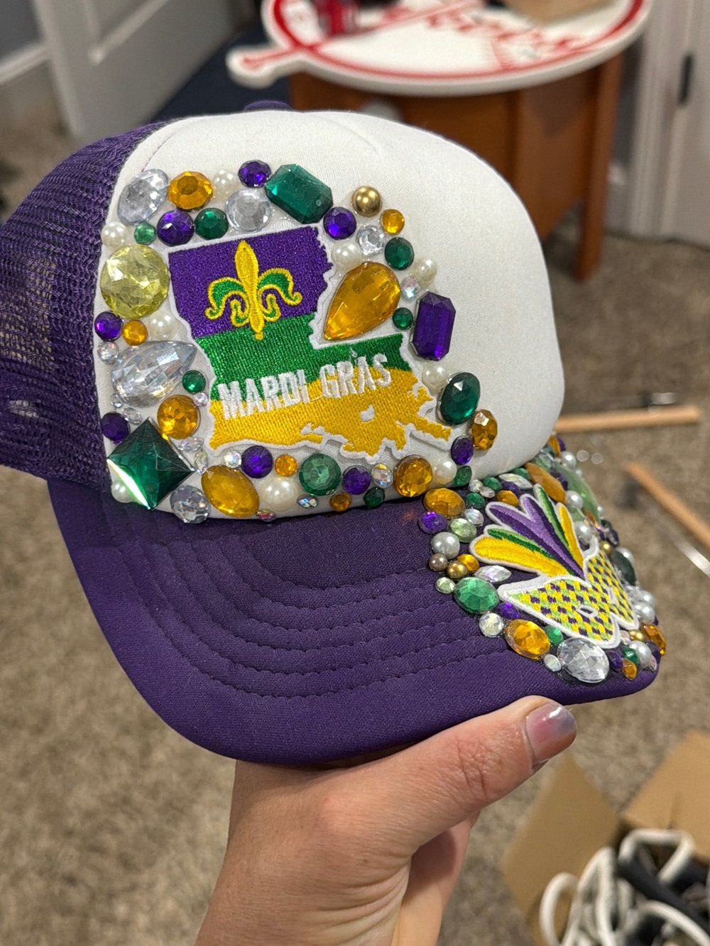 Mardi Gras Purple & White Kids Embellished Trucker Hat